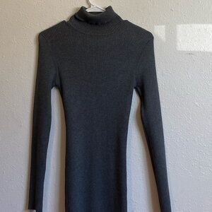 Gray Ribbed Turtleneck Sweater Dress
